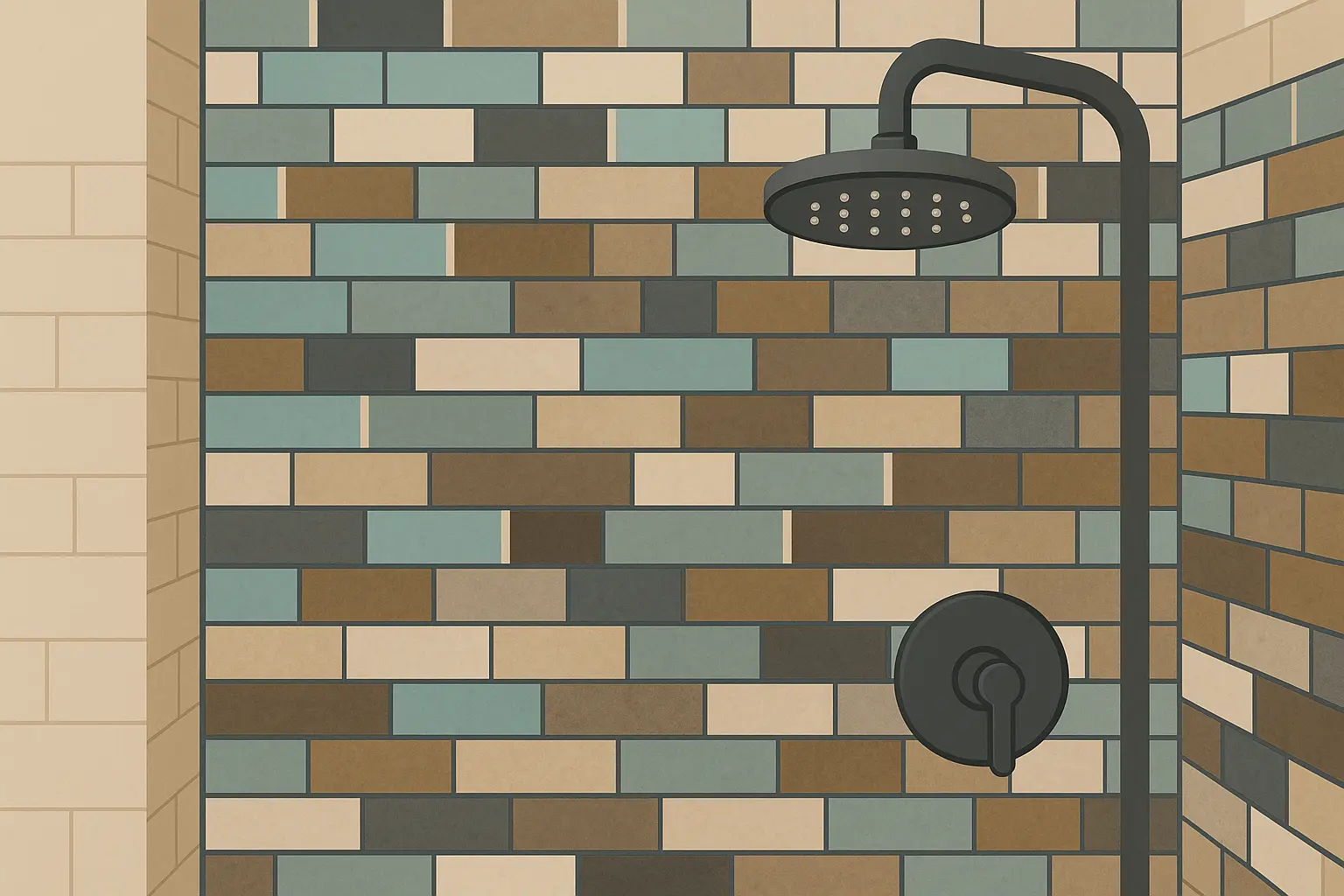 Mixed material mosaic curbless shower with glass and stone tiles