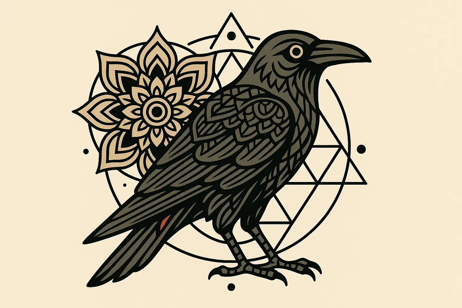 Neo-traditional raven tattoo with geometric patterns