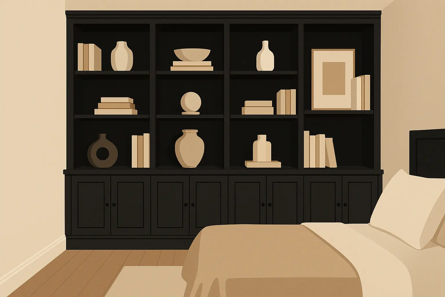 Black built-in shelving in bedroom