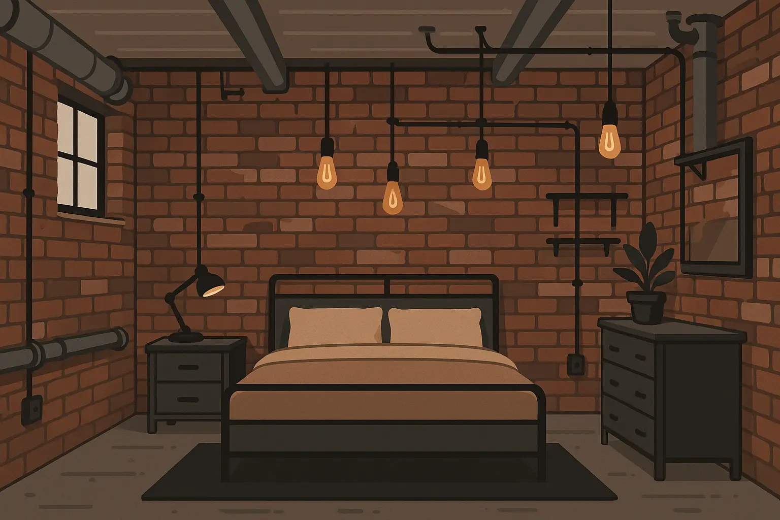 Industrial chic basement bedroom with exposed brick and Edison bulb lighting