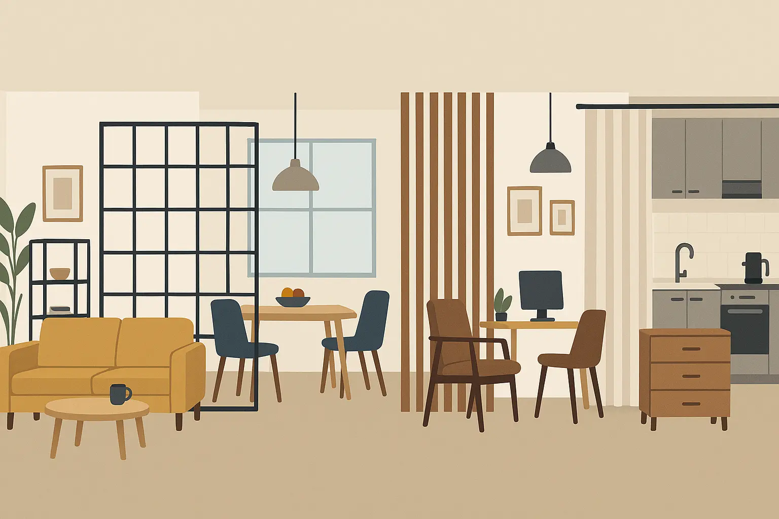 Modern open-concept living space with room divider solutions