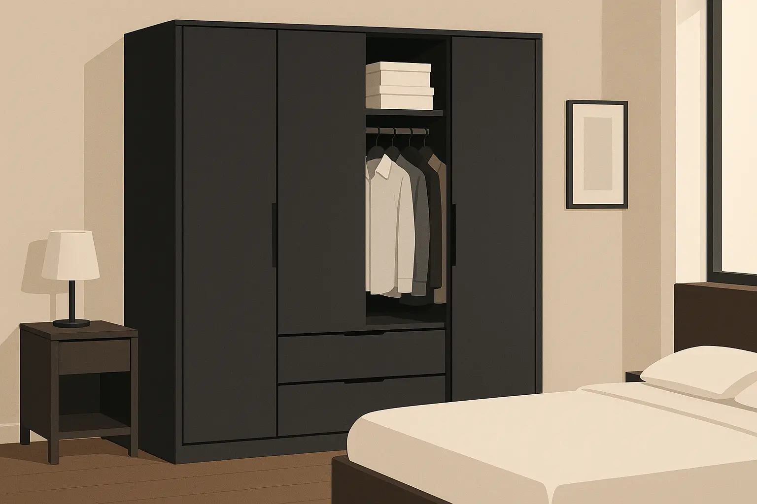 Black wardrobe in modern bedroom