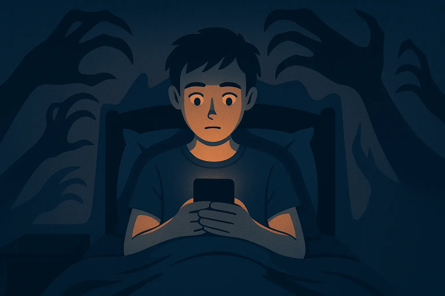 Person reading horror stories on phone in dark room