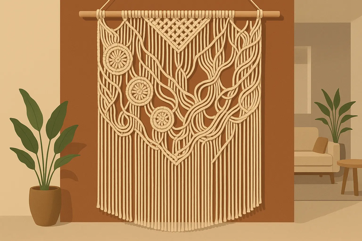 Macramé wall hanging room divider with bohemian styling