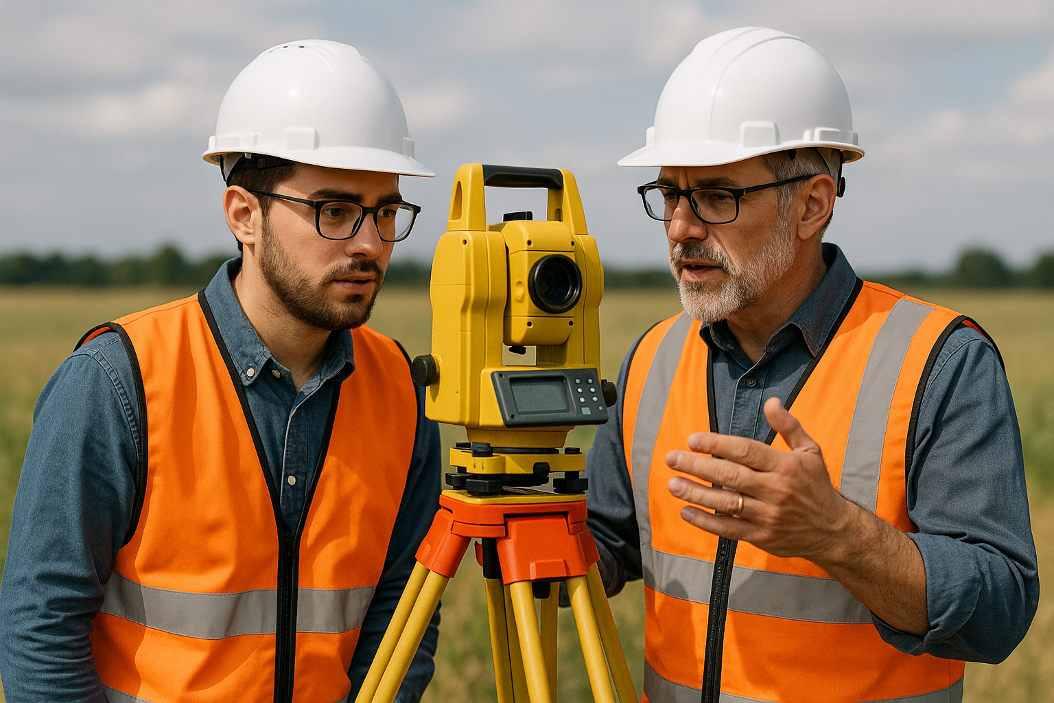 Surveyor using modern equipment in field training