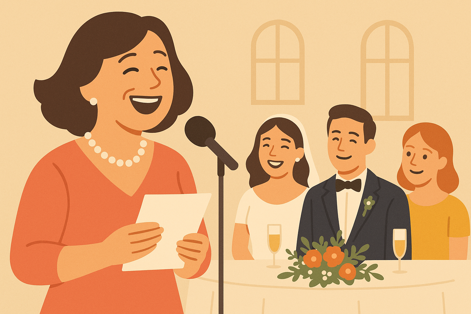Wedding reception with guests laughing during mother's humorous speech
