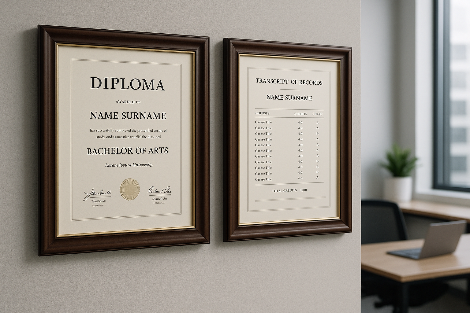 Professional diploma display in dietitian office setting