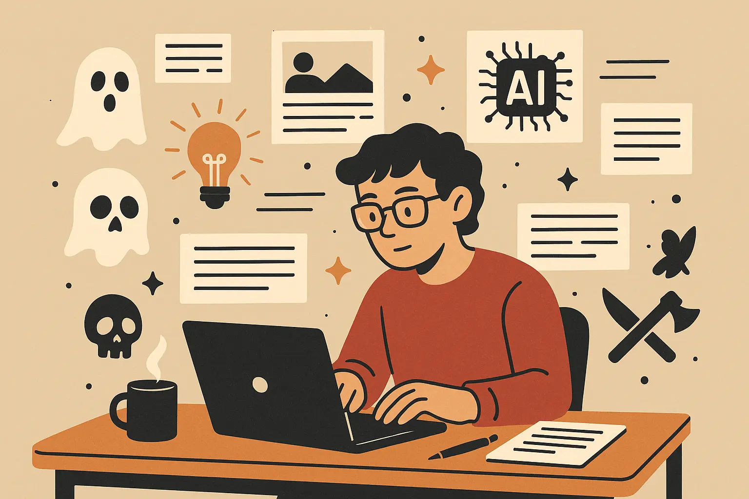 Writer crafting horror story with AI assistance