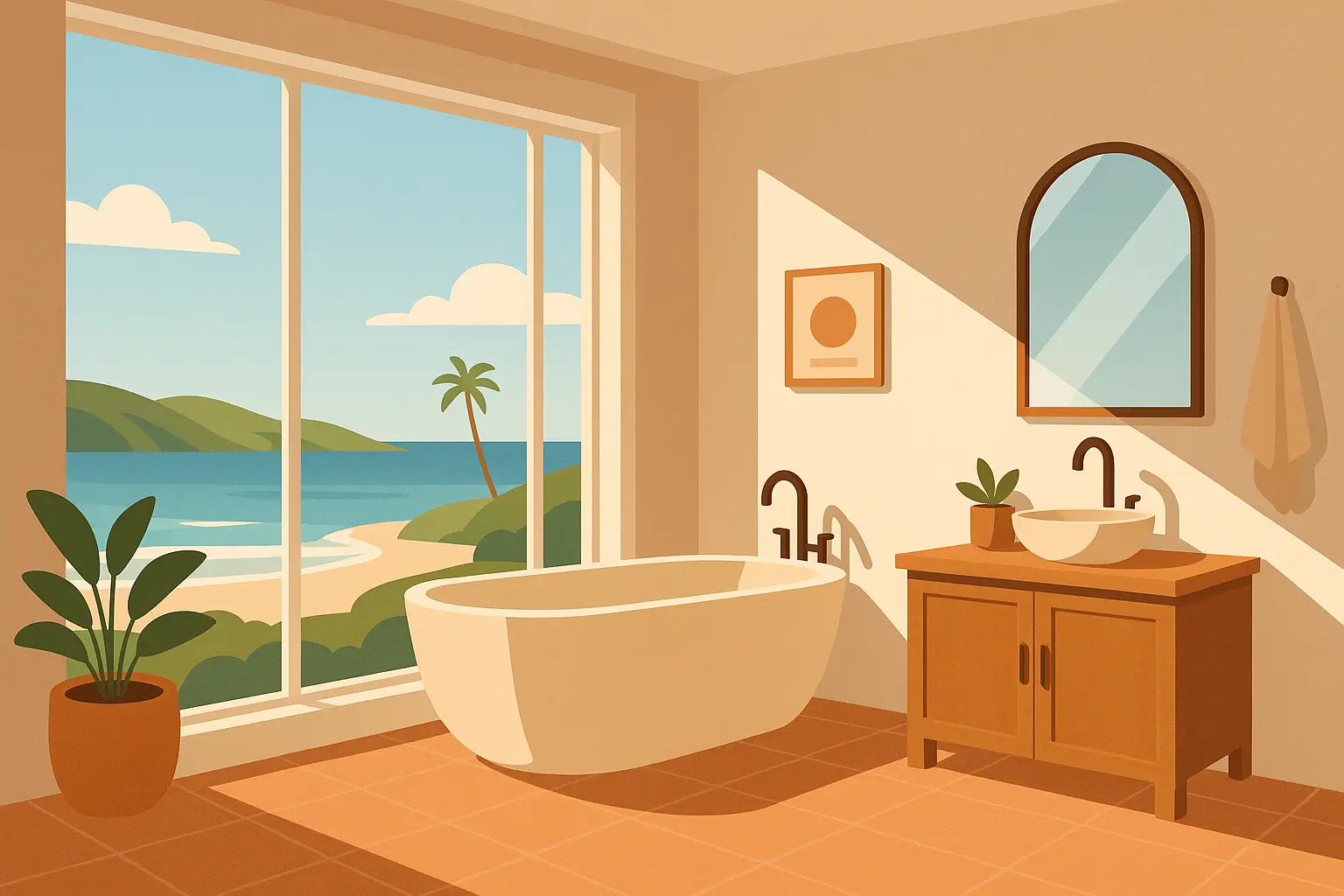 Outdoor connection elements in coastal bathroom with large windows and glass doors