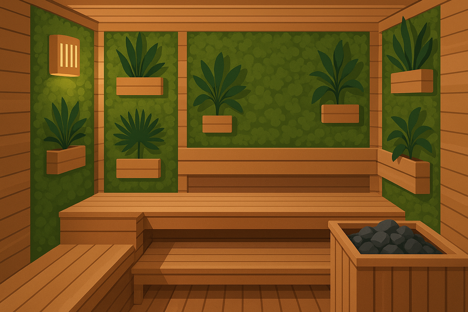 Living plant walls integrated into modern sauna design