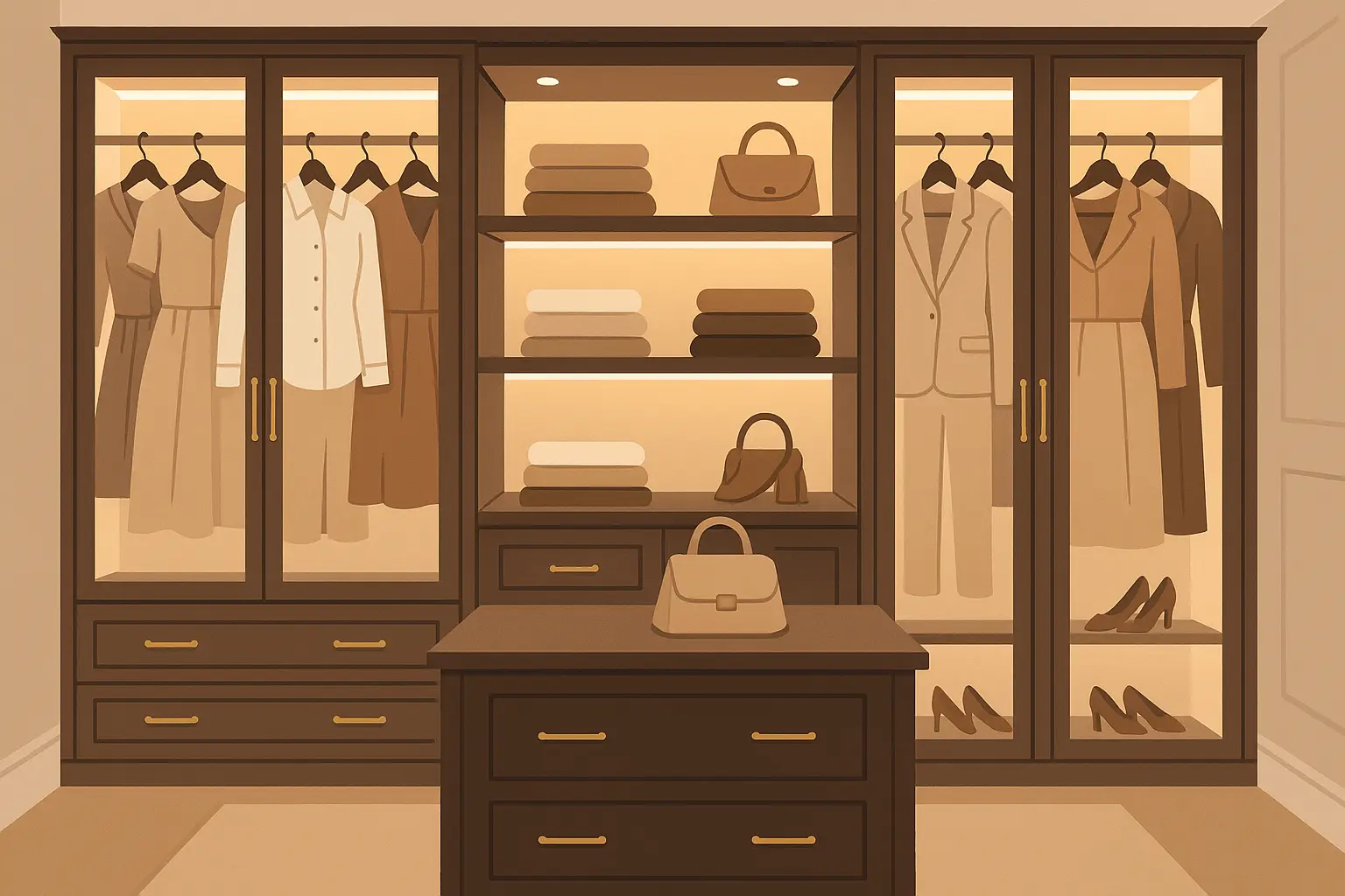 Boutique-style walk-in closet with glass displays