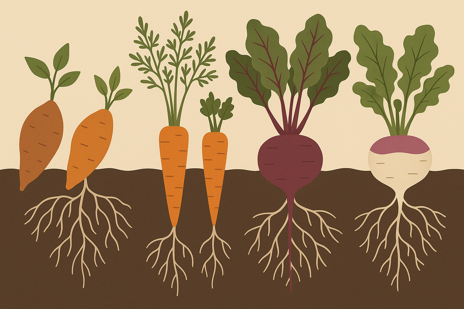Fresh carrots and root vegetables displayed on rustic wooden surface
