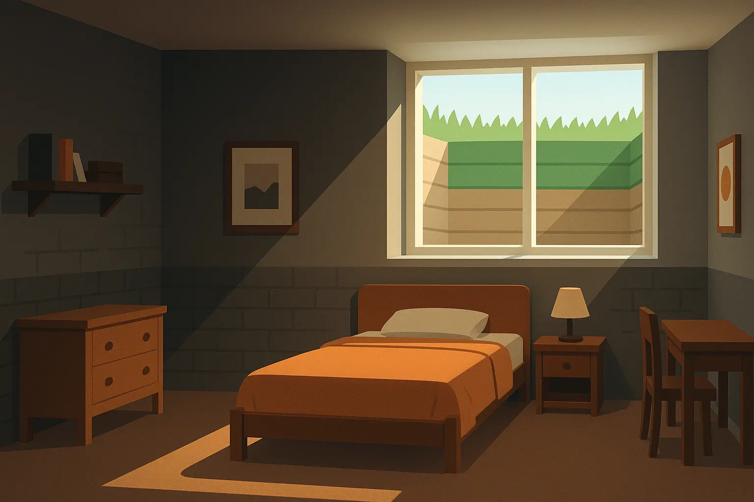 Basement bedroom with large egress window and natural light streaming in