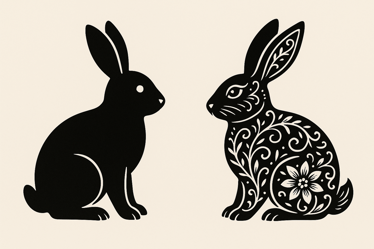 Simple versus complex black rabbit tattoo design comparison