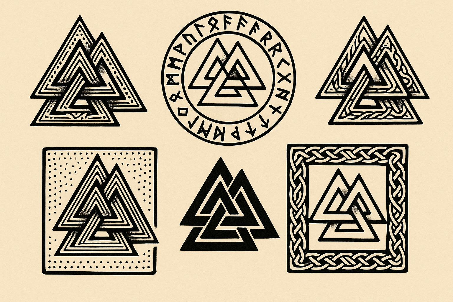 Collection of traditional Norse valknut tattoo designs