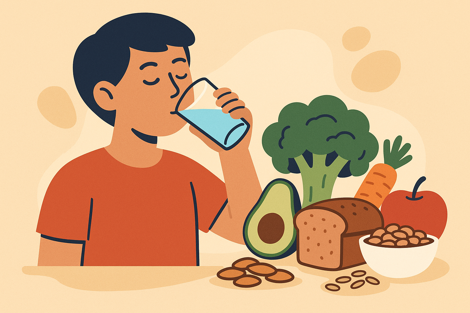 Glass of water next to high fiber foods