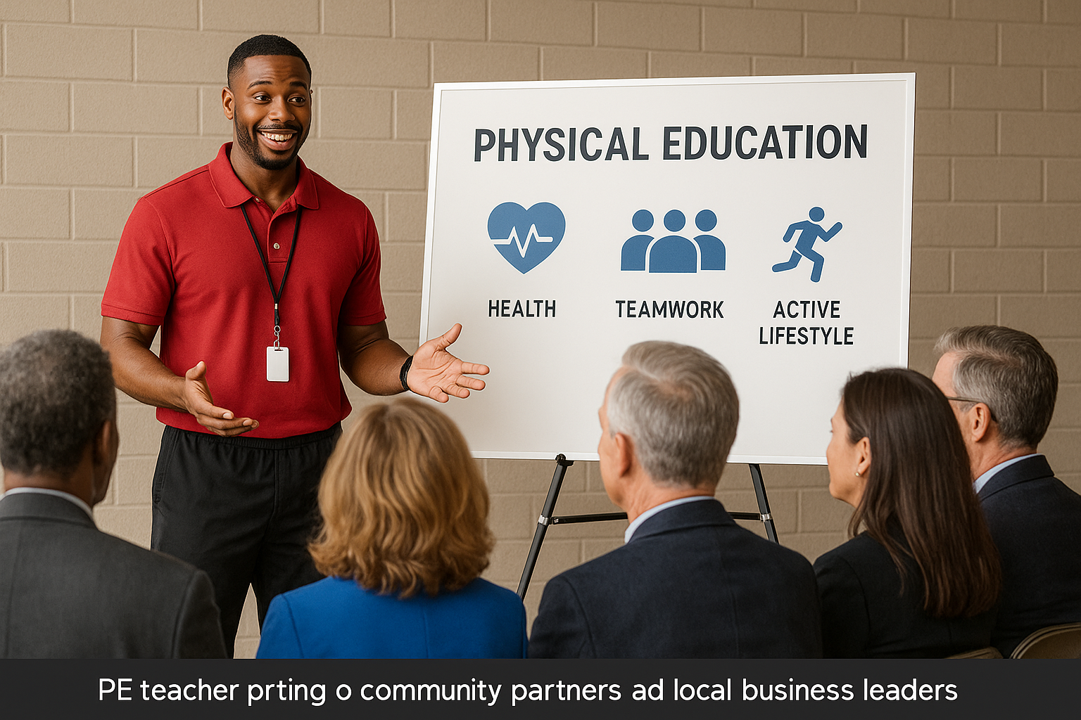 PE teacher presenting to community partners