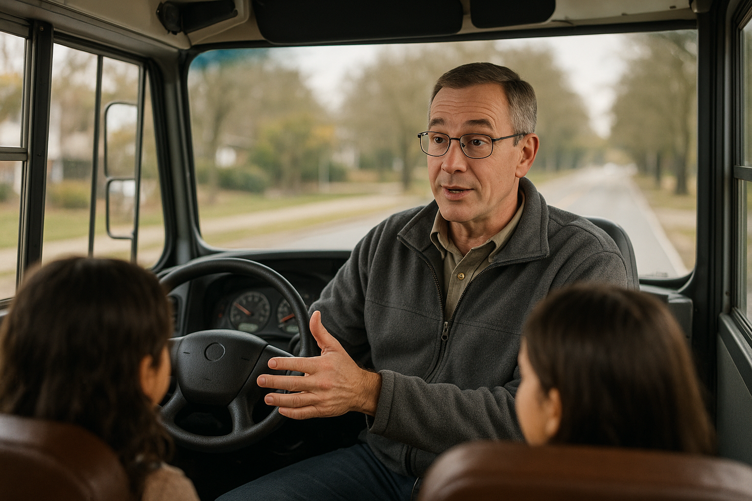 Bus driver communicating with students