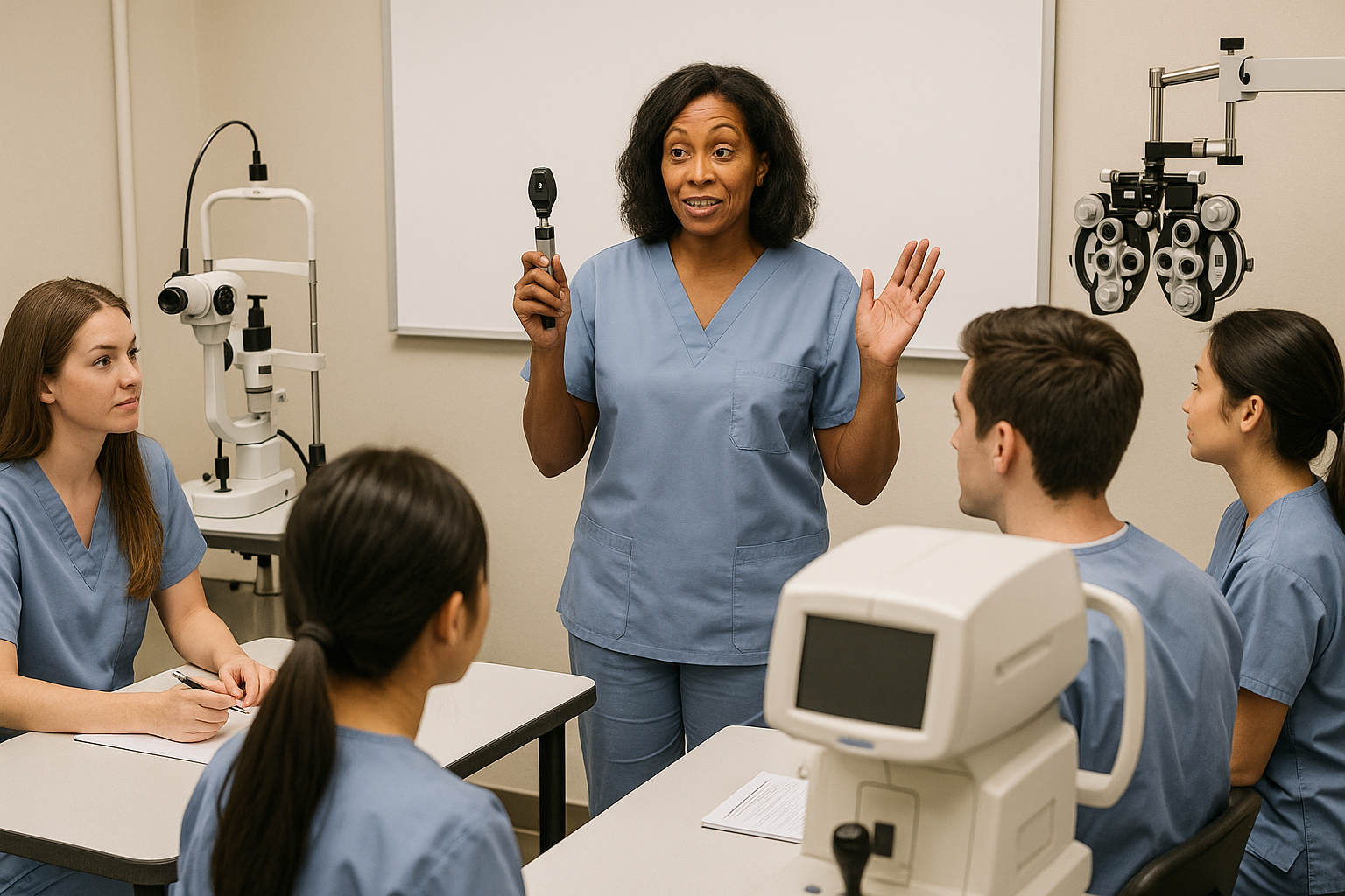 Ophthalmic technician teaching in classroom setting