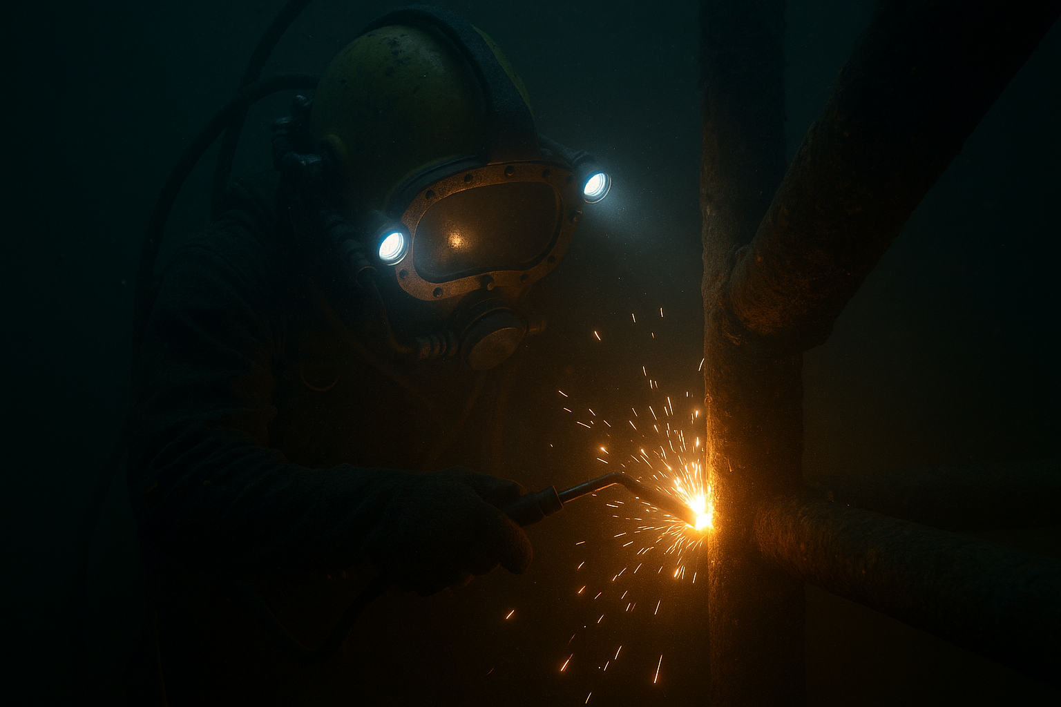Underwater welder working in dark conditions
