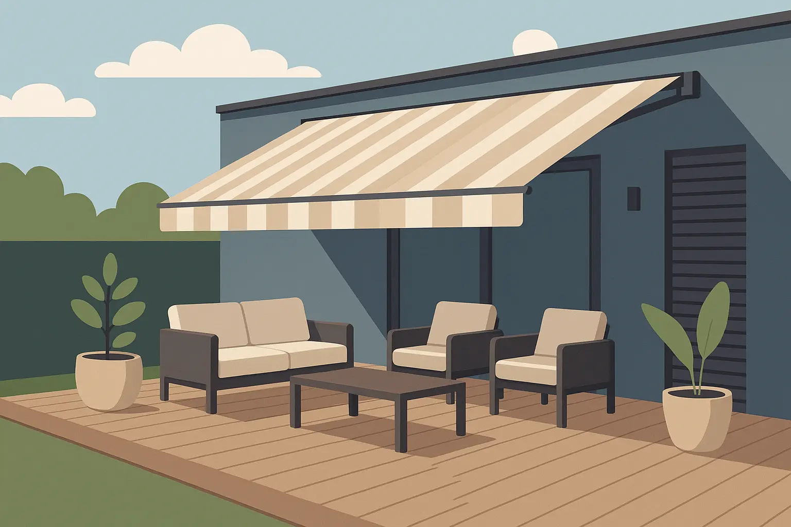 Retractable awning over deck