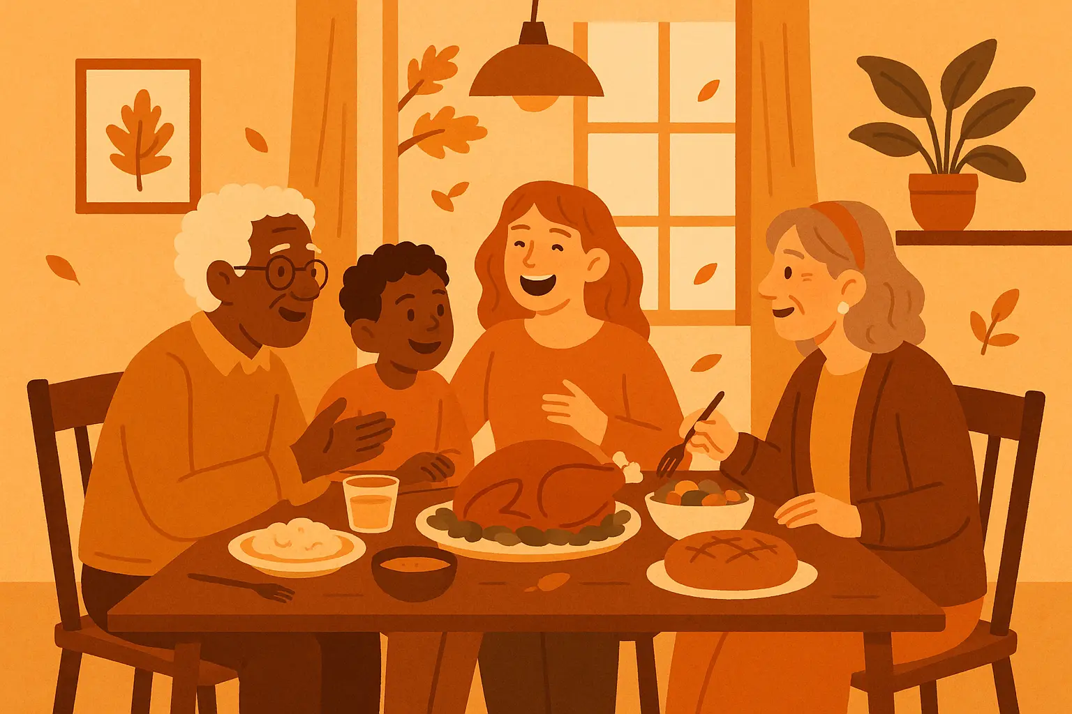 Family gathering around thanksgiving dinner table