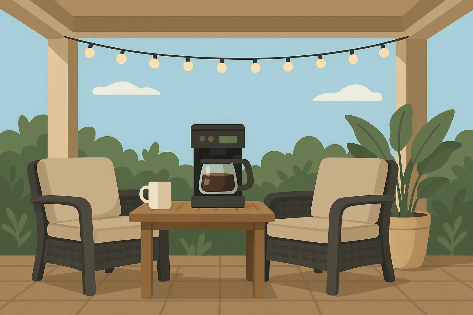 Covered patio coffee setup with weather protection