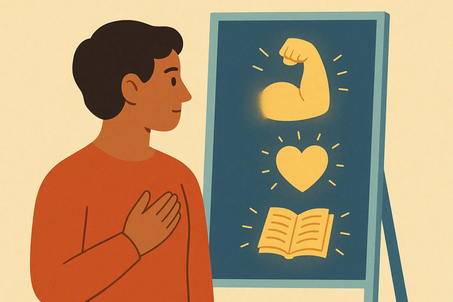 Person looking in mirror reflecting on character development