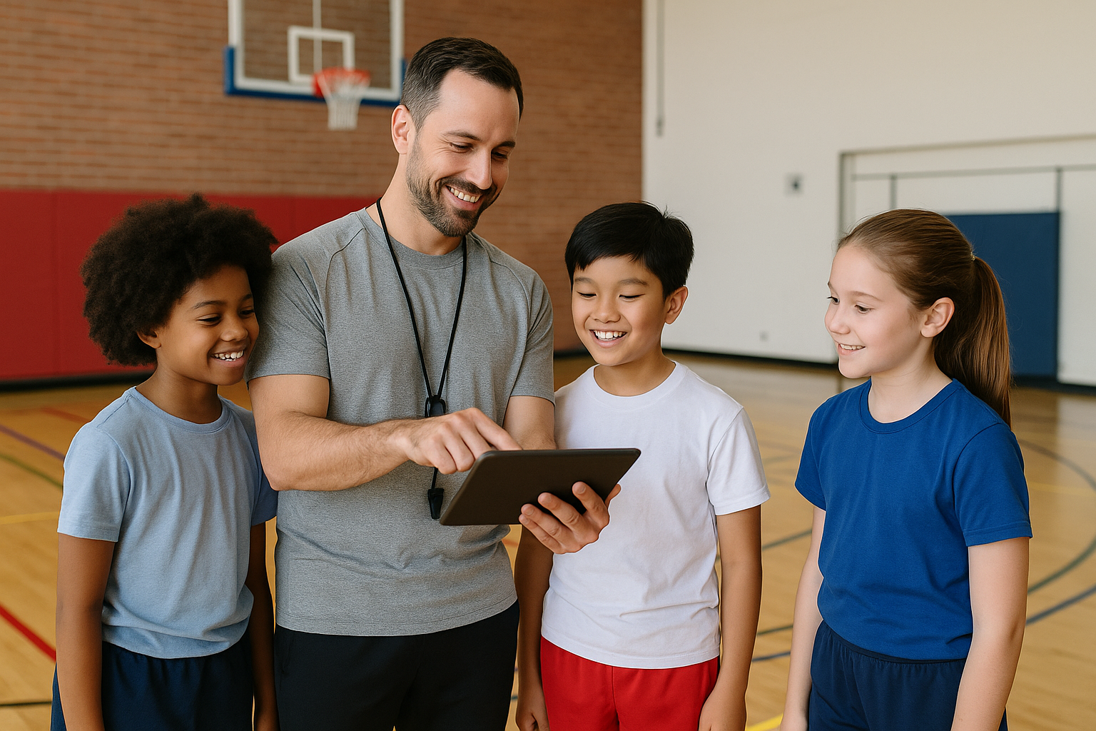 Modern PE teacher with diverse students using technology