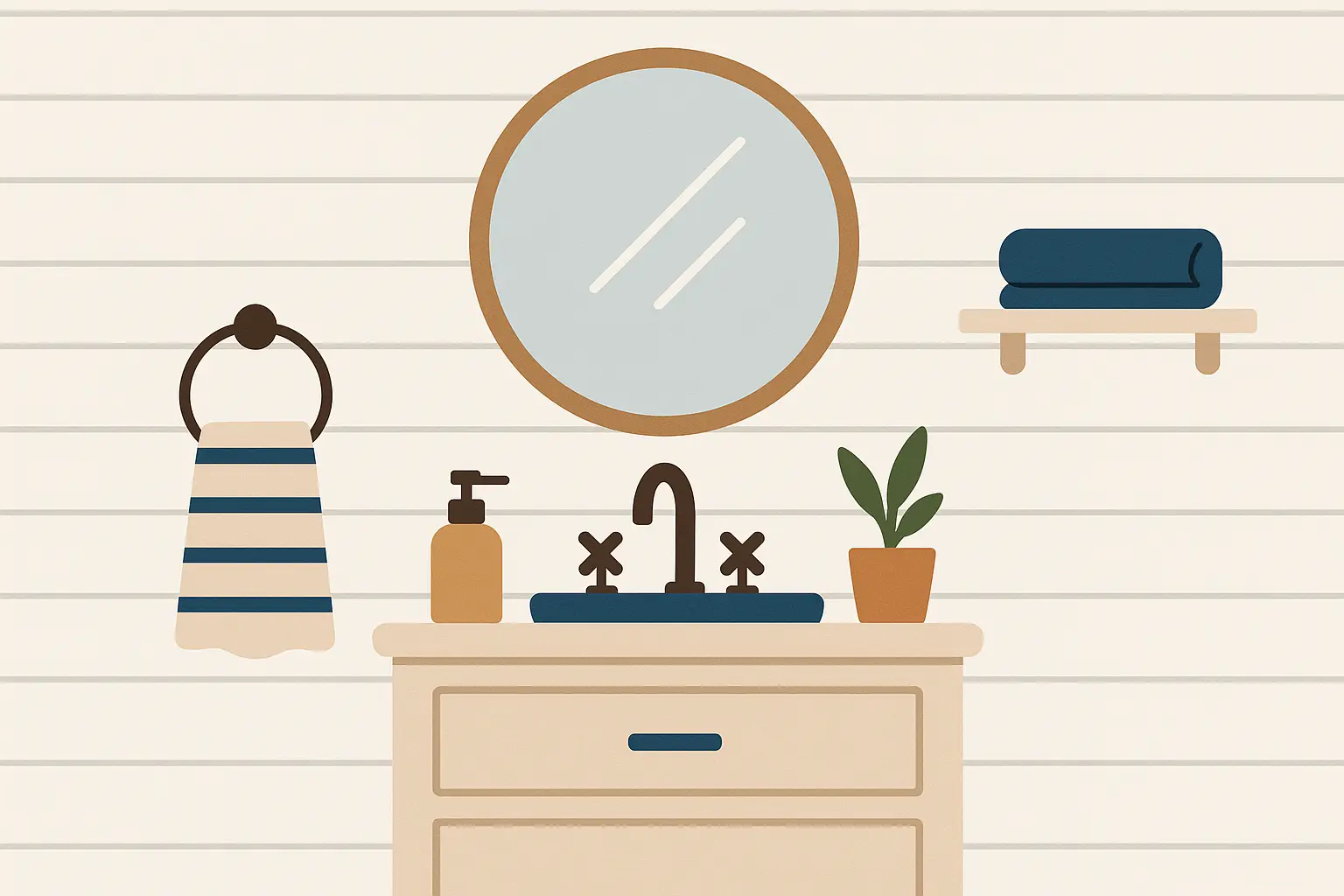 Shiplap wall treatment in coastal bathroom with horizontal wood planking