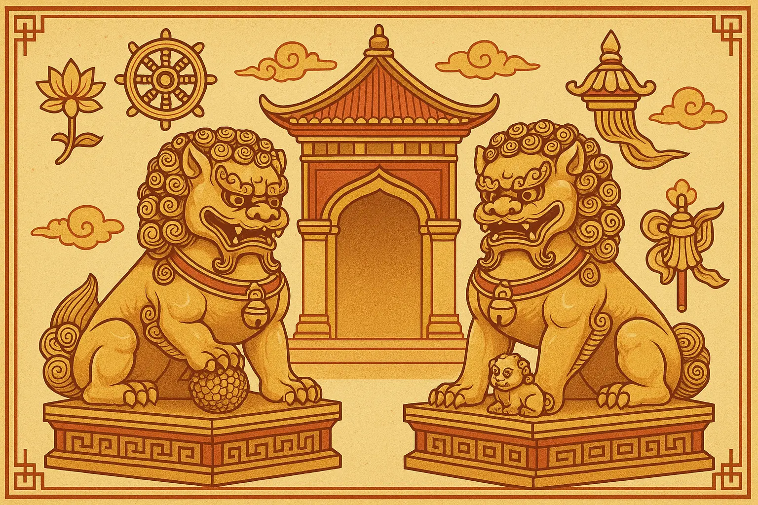 Buddhist guardian lion spiritual tattoo design
