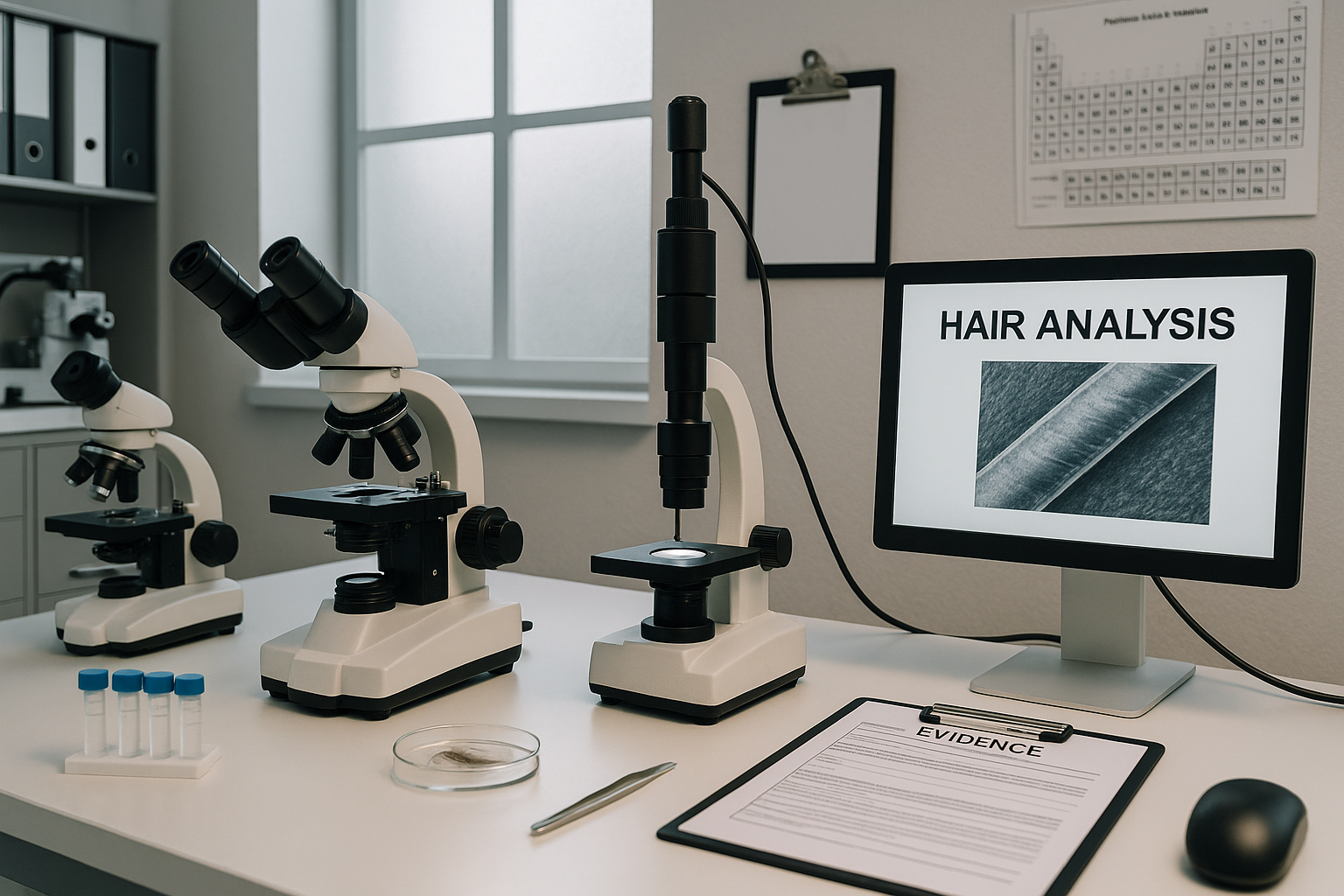 Forensic hair analysis laboratory equipment and microscopy setup