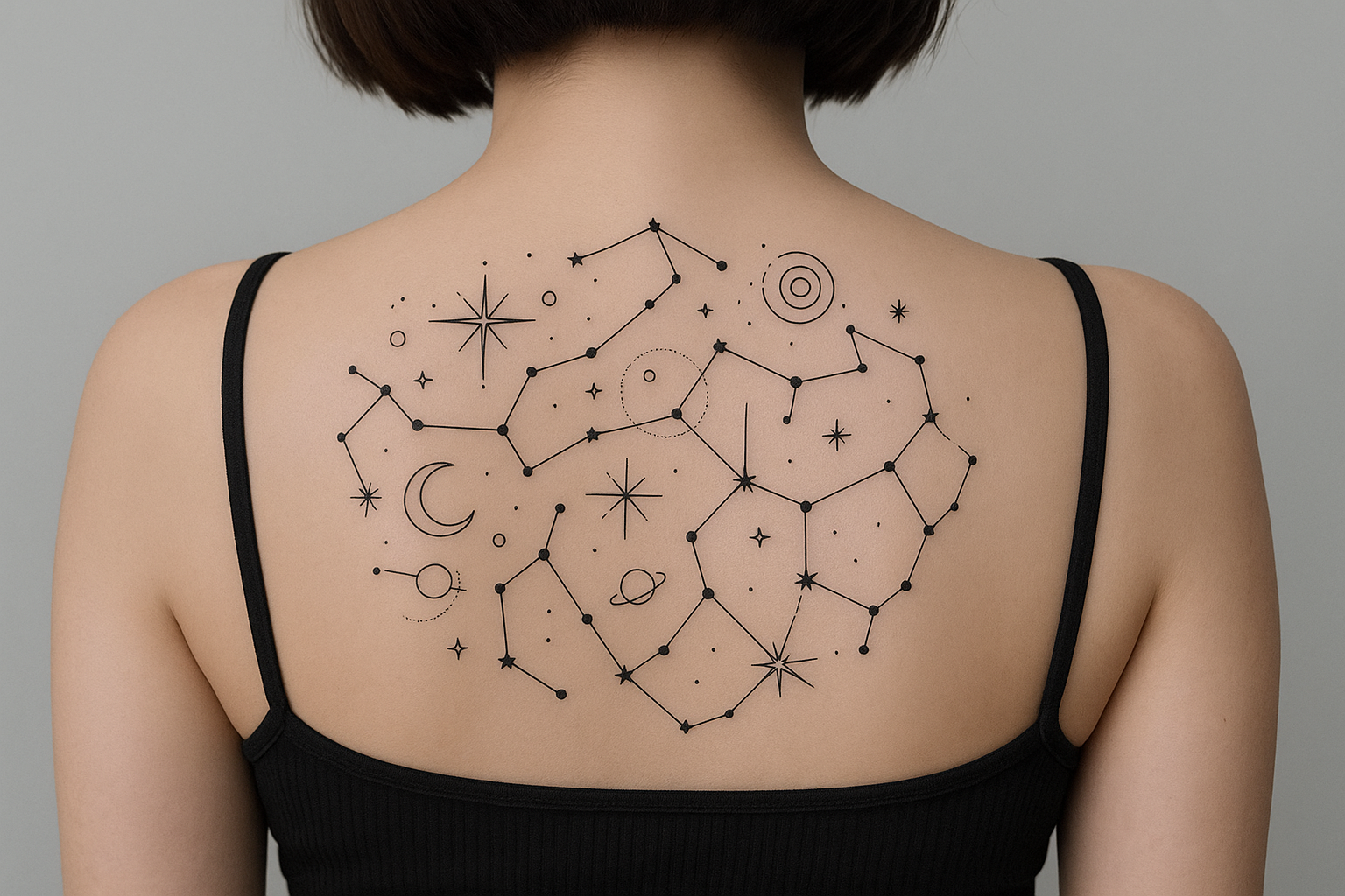 Constellation map upper back tattoo