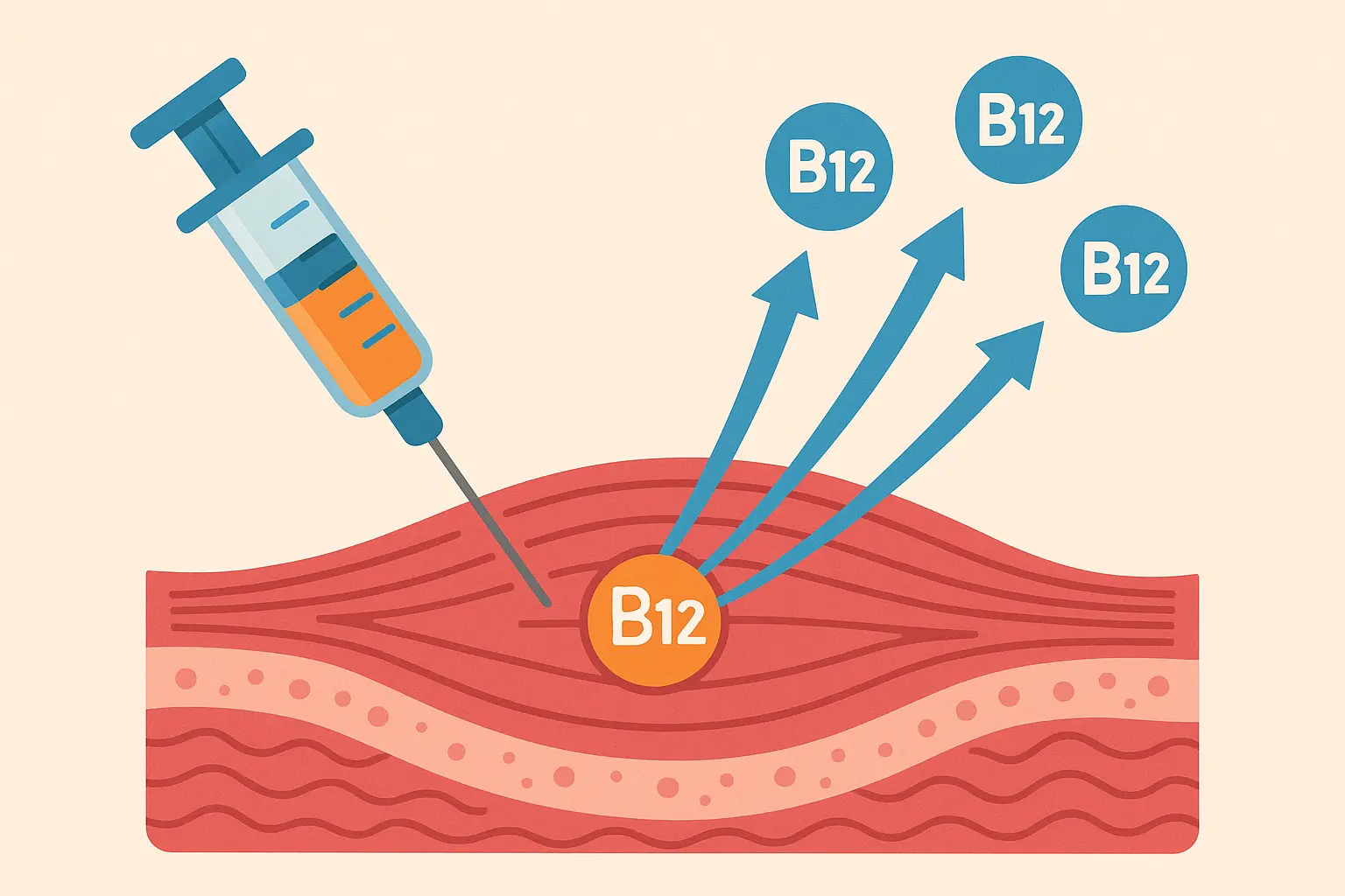 Diagram showing B12 injection site anatomy and muscle depot formation