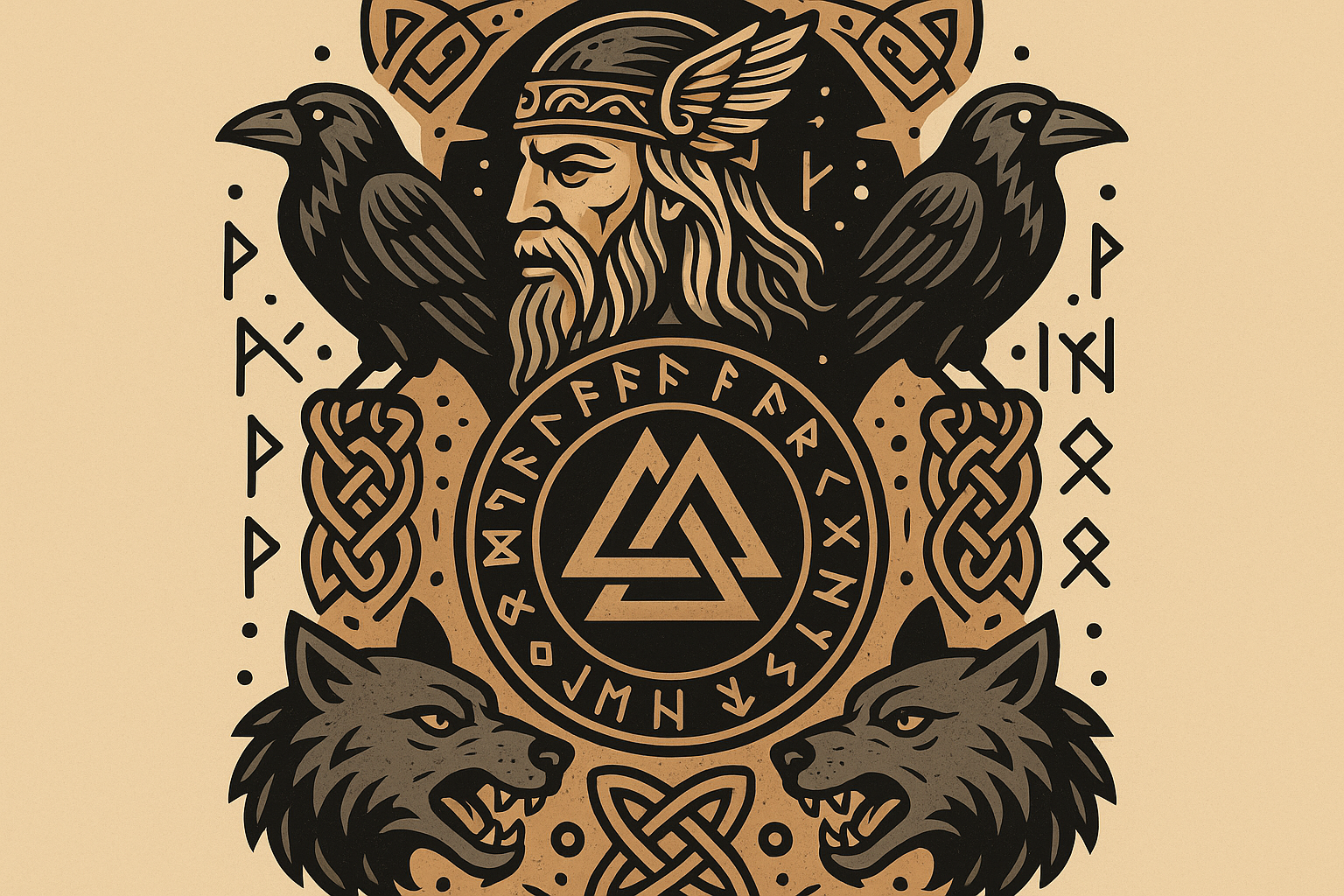 Norse mythology sleeve with valknut centerpiece and mythological elements