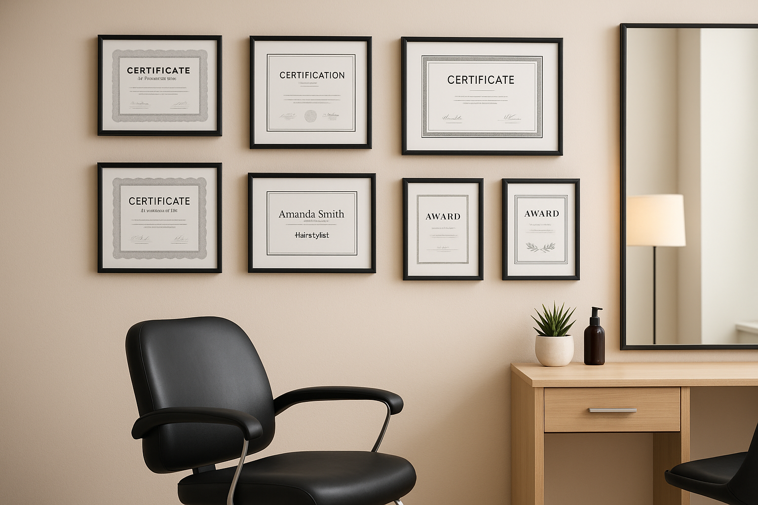 Professional hairstylist certificates displayed in salon