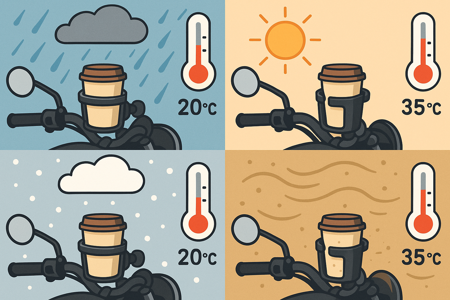 Weather-resistant motorcycle cup holder in extreme conditions