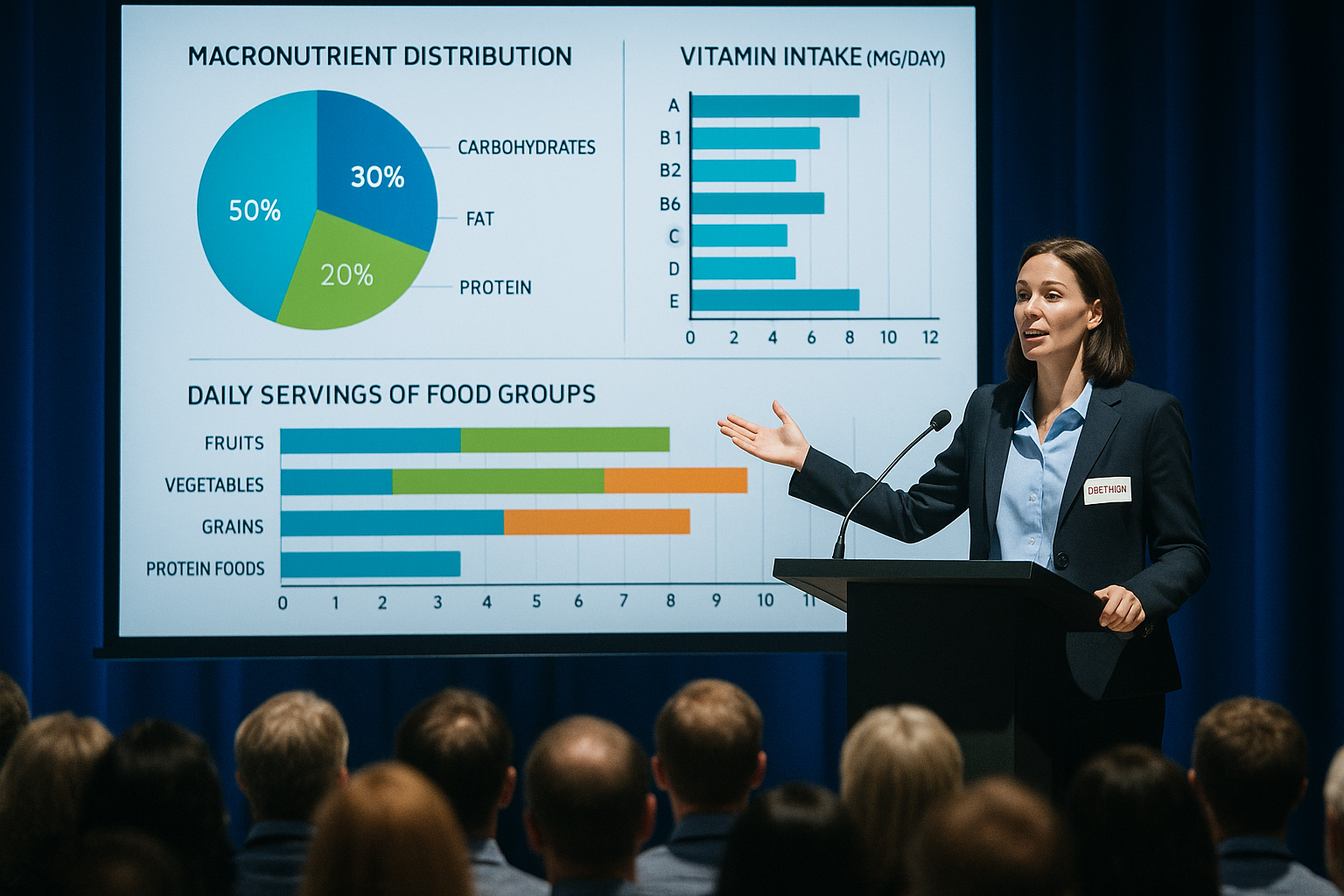Dietitian speaking at conference with audience and presentation screen