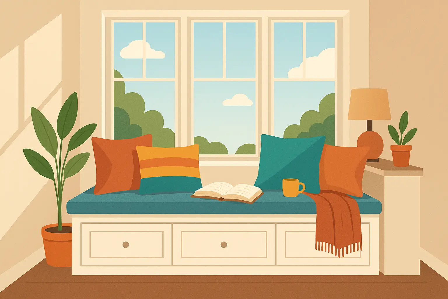 Small sunroom with built-in seating and storage