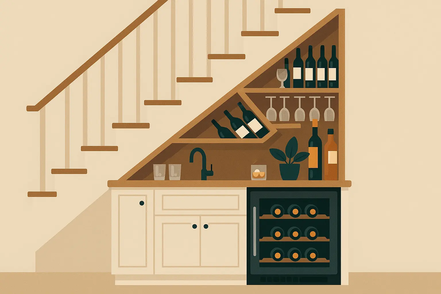 Under-stair wet bar maximizing small space