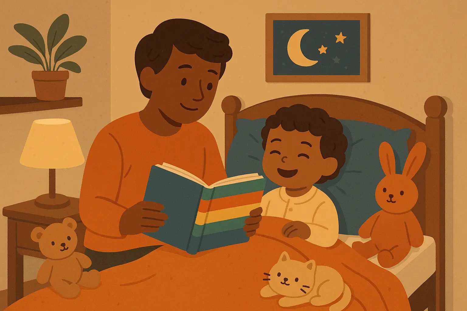 Child reading funny bedtime story with parent