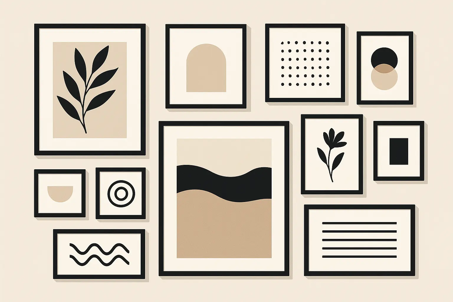 Black picture frames on bedroom wall