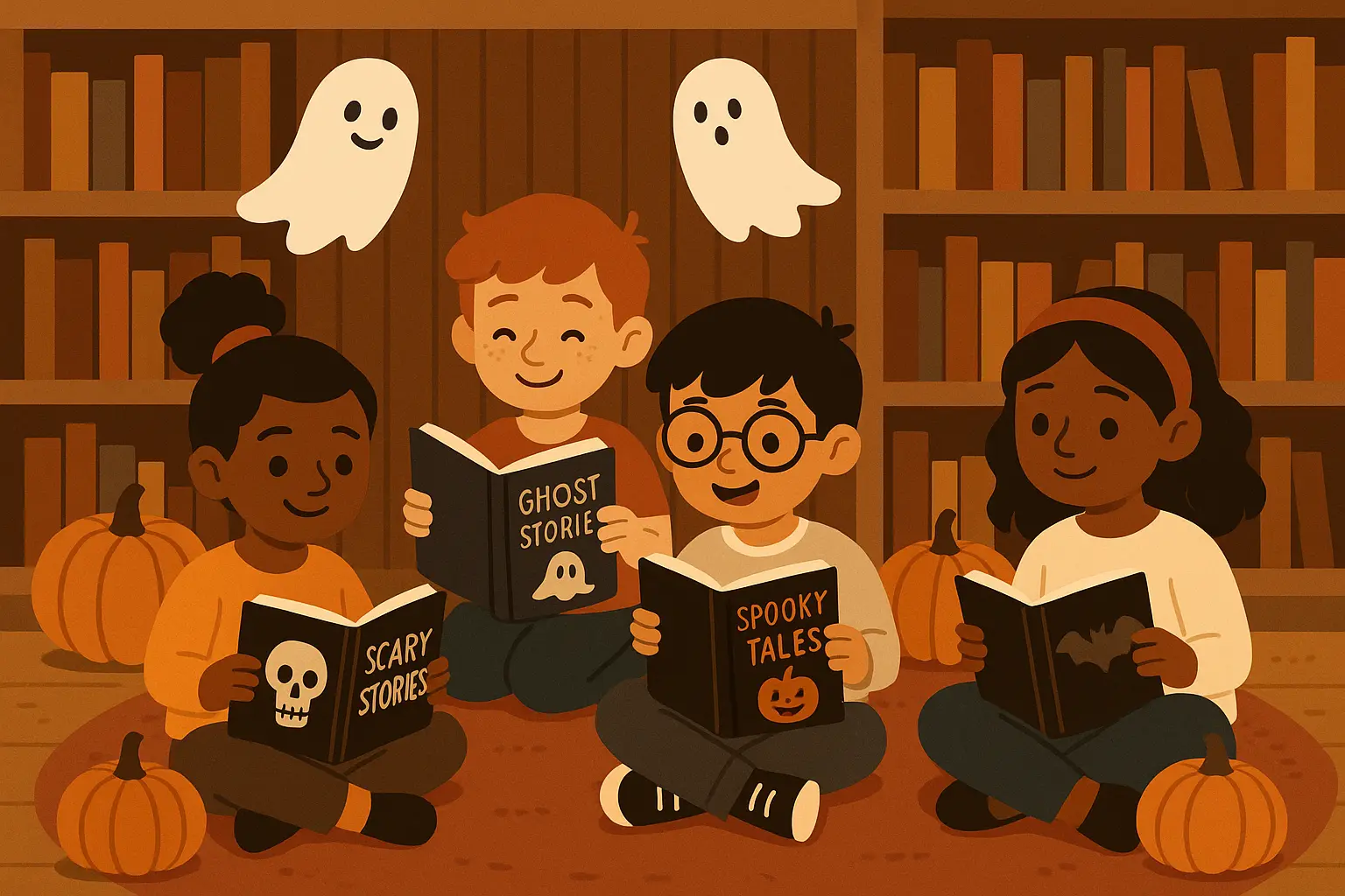Children reading horror stories together