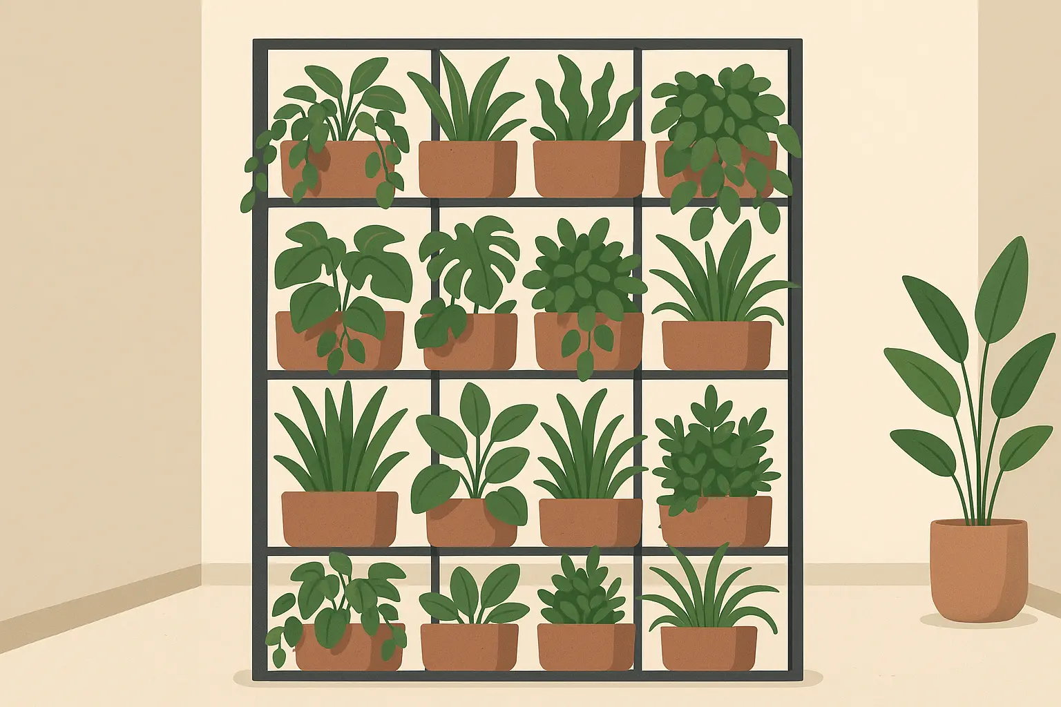 Living wall room divider with vertical garden plants