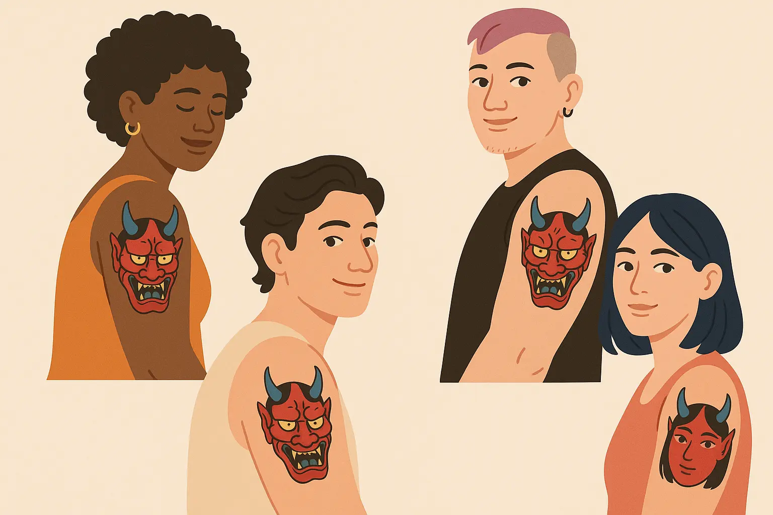 Woman with oni mask tattoo
