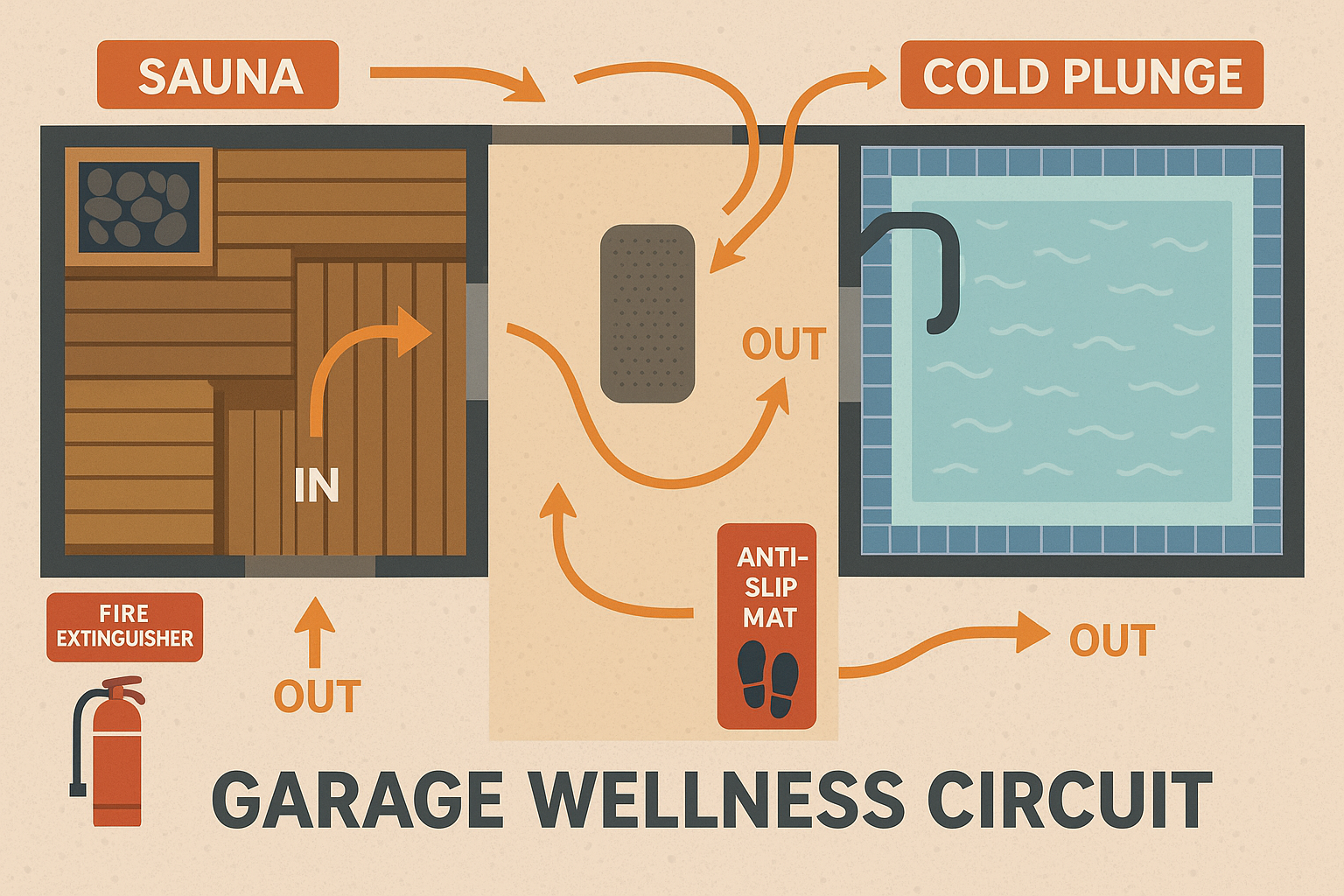 Contrast therapy stations in garage sauna setup