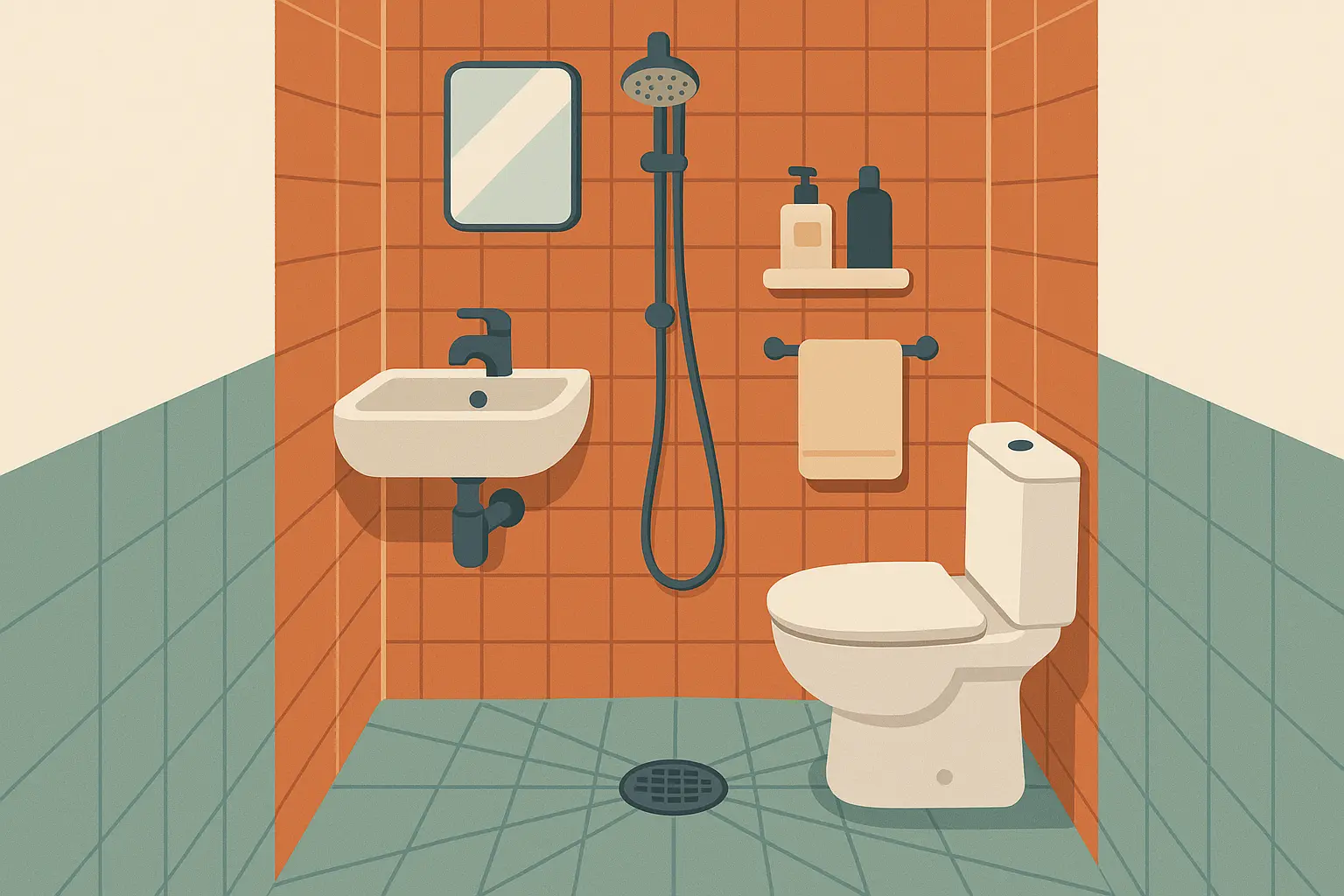 European-style wet room with central drainage system