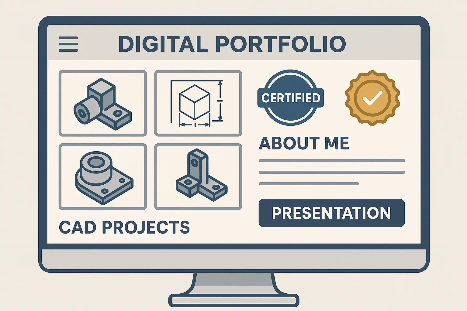 Digital portfolio display on laptop screen showing technical drawings