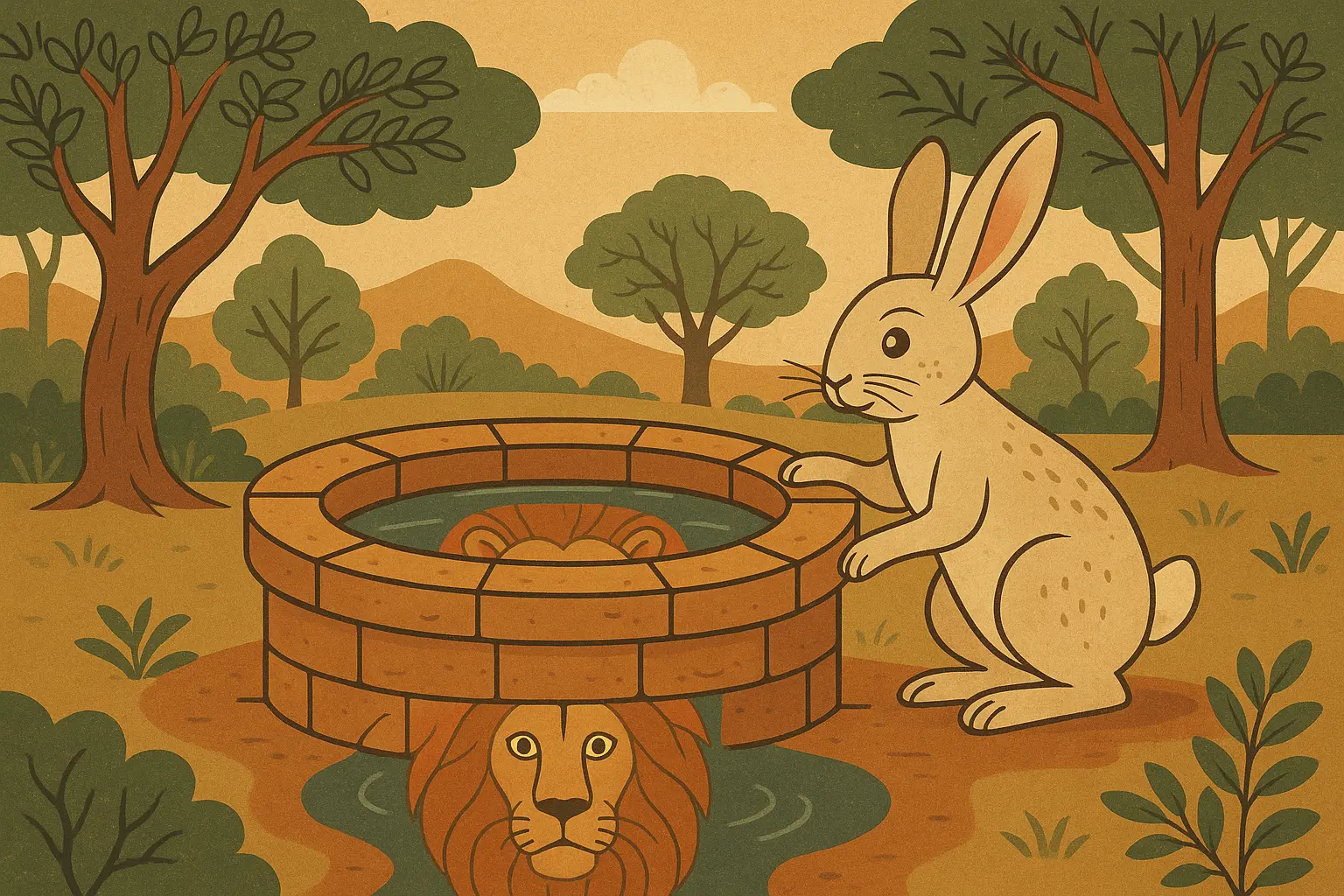The clever rabbit outsmarts the arrogant lion through strategic thinking