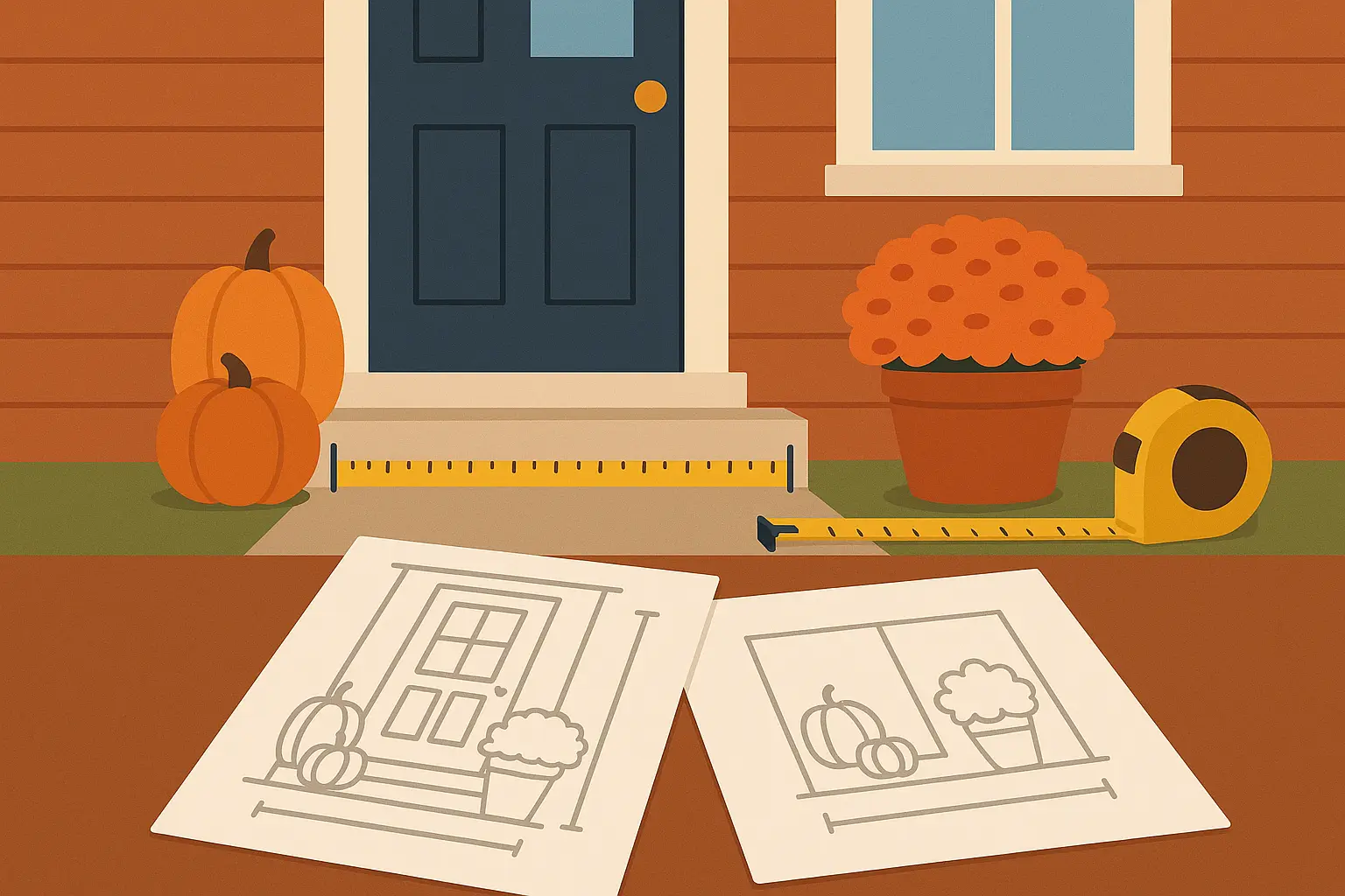 Small front porch with layered fall decorations showing proper scale and proportion